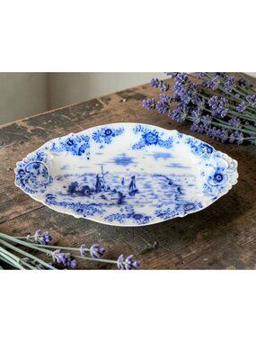 Antique Warwick China Flow Blue Oval Dish With Windmill & Sailboat Scene
